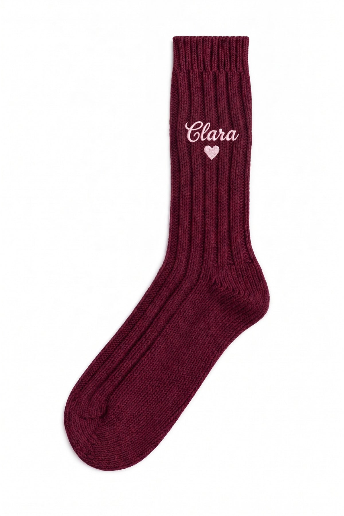 Burgundy women's wool socks with custom embroidery on the cuff