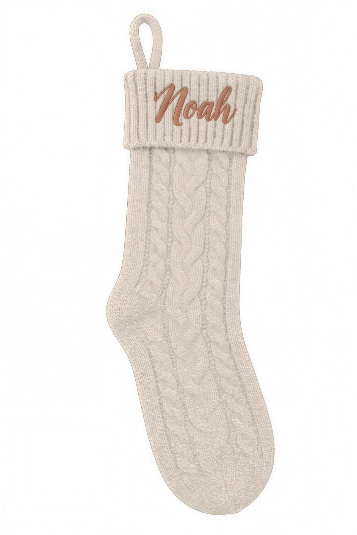 Beige personalized Christmas stocking with a name embroidered on the cuff