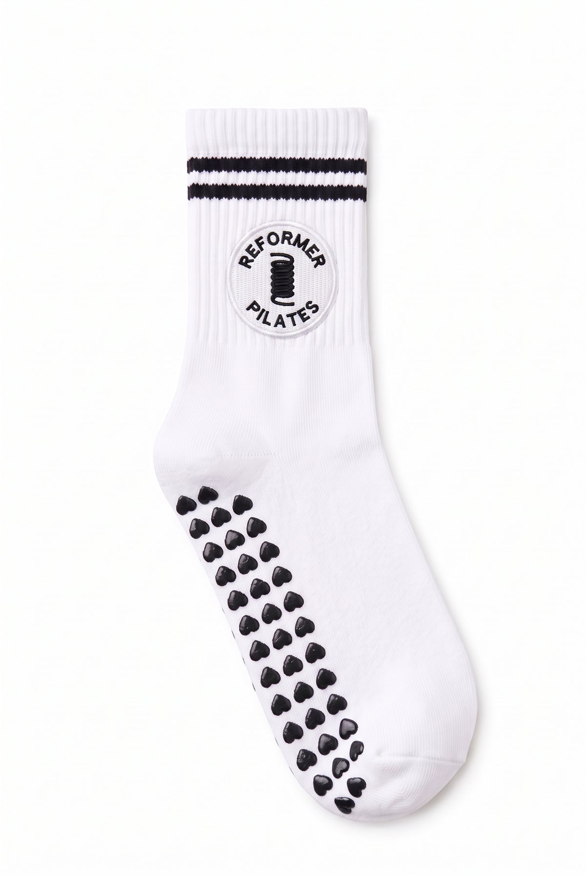 Black Stripe crew pilates grip socks with custom embroidery on the cuff