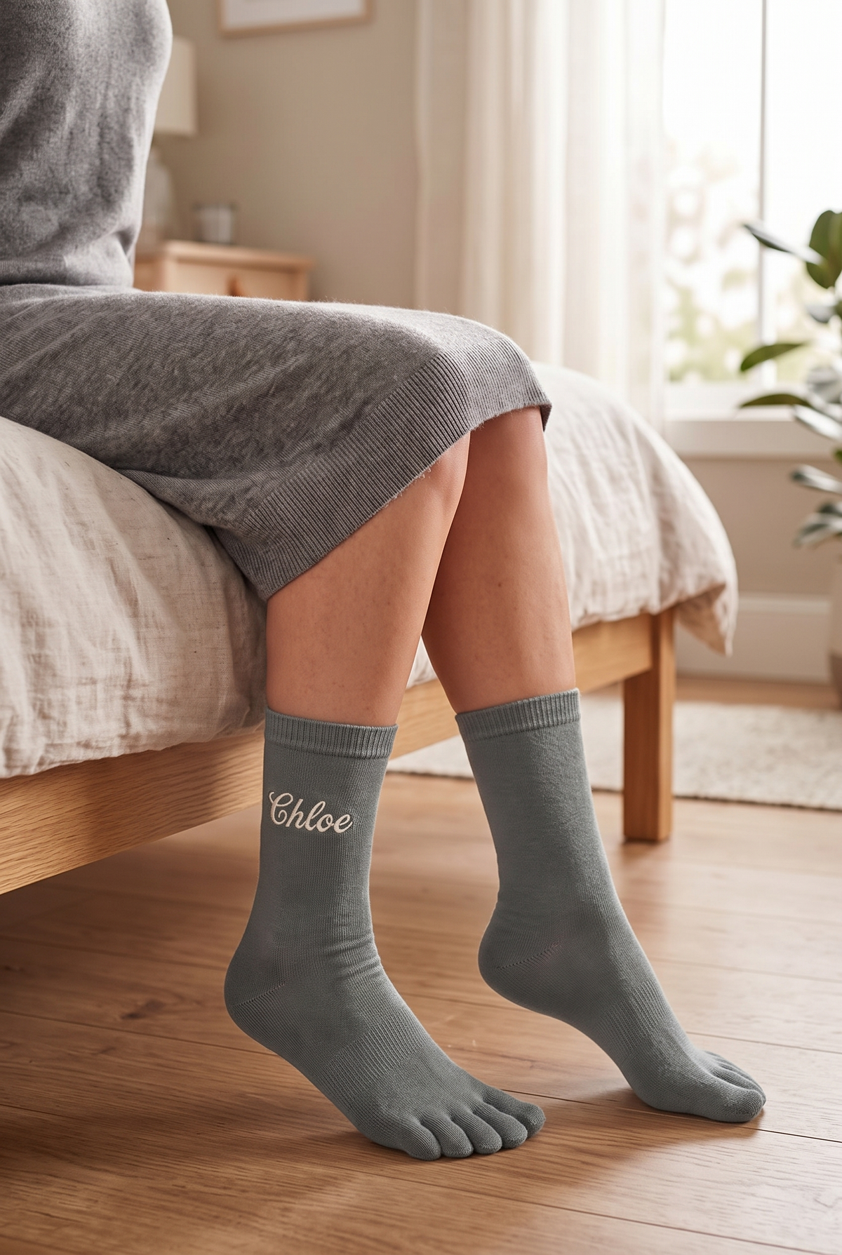 Model wearing dark green embroidered toe socks, seen from the side