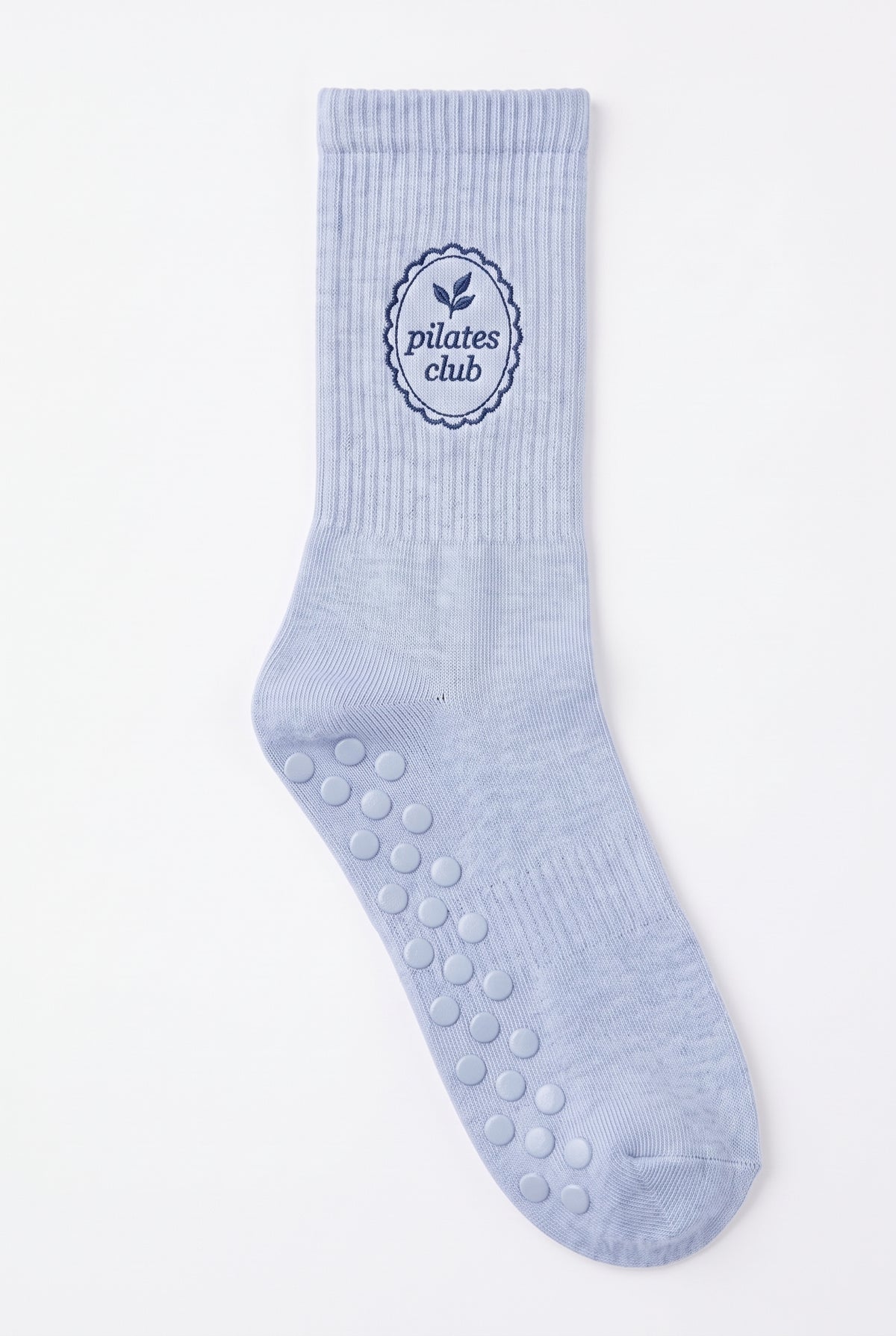 Baby Blue dot grip pilates socks with custom embroidery on the cuff