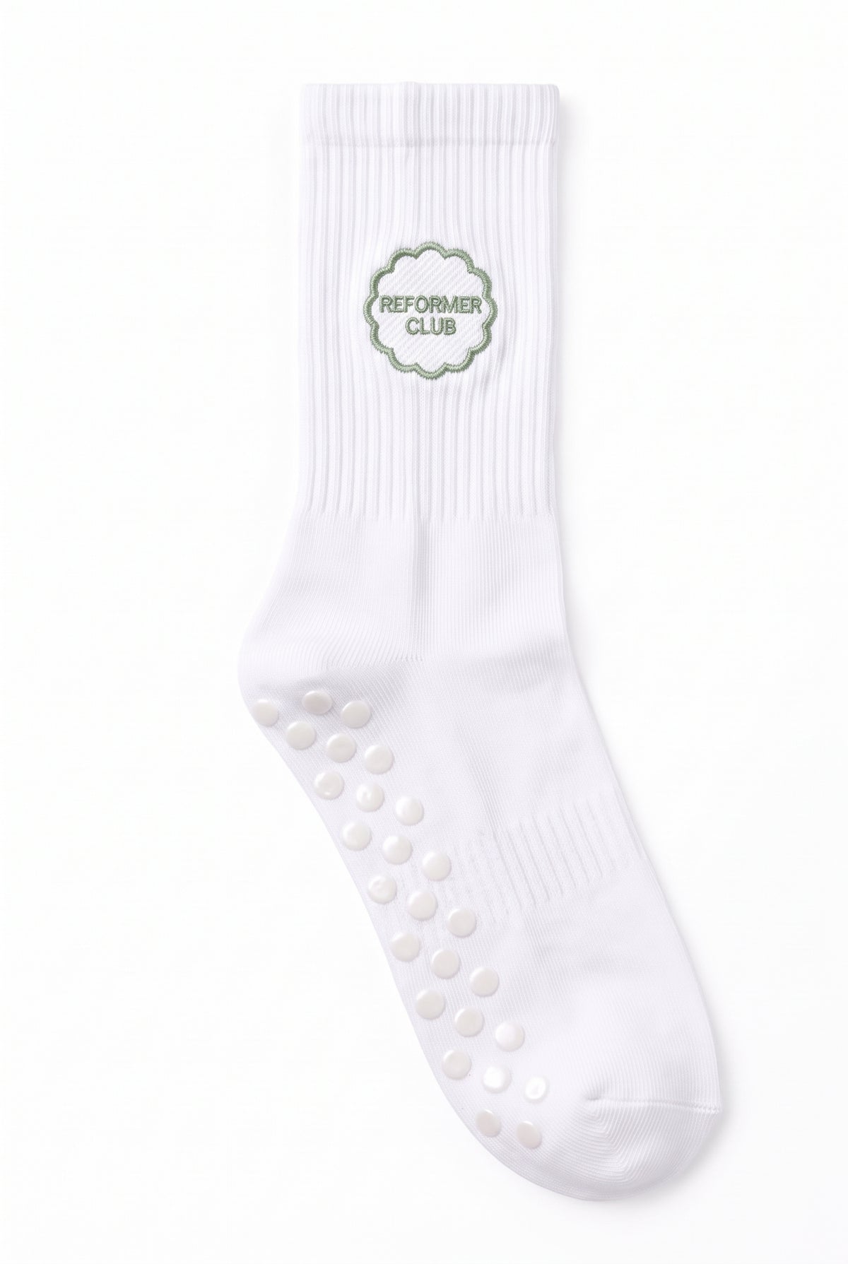 White dot grip pilates socks with custom embroidery on the cuff