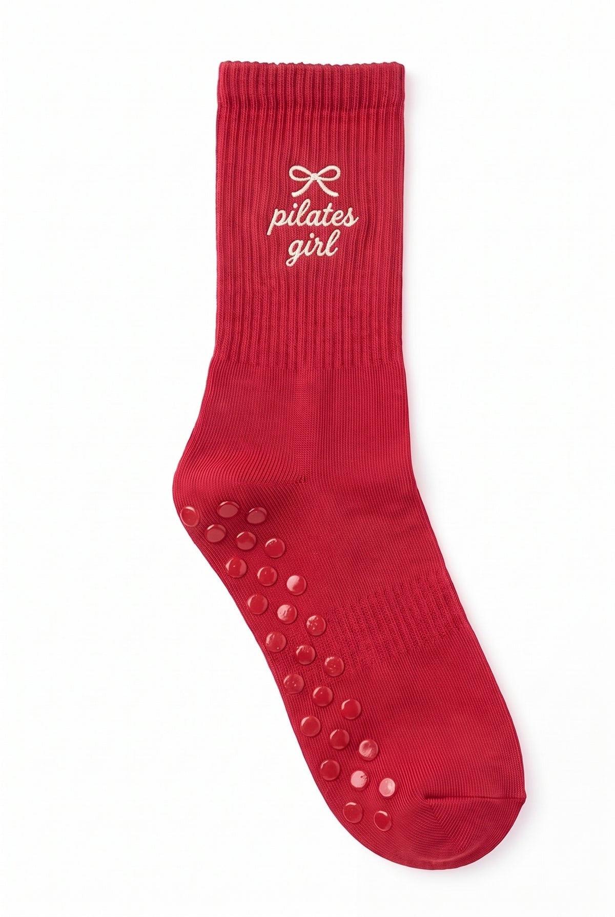 Red dot grip pilates socks with custom embroidery on the cuff