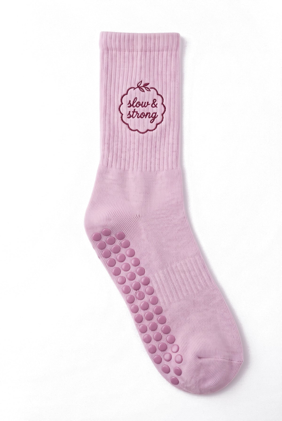 Pink dot grip pilates socks with custom embroidery on the cuff