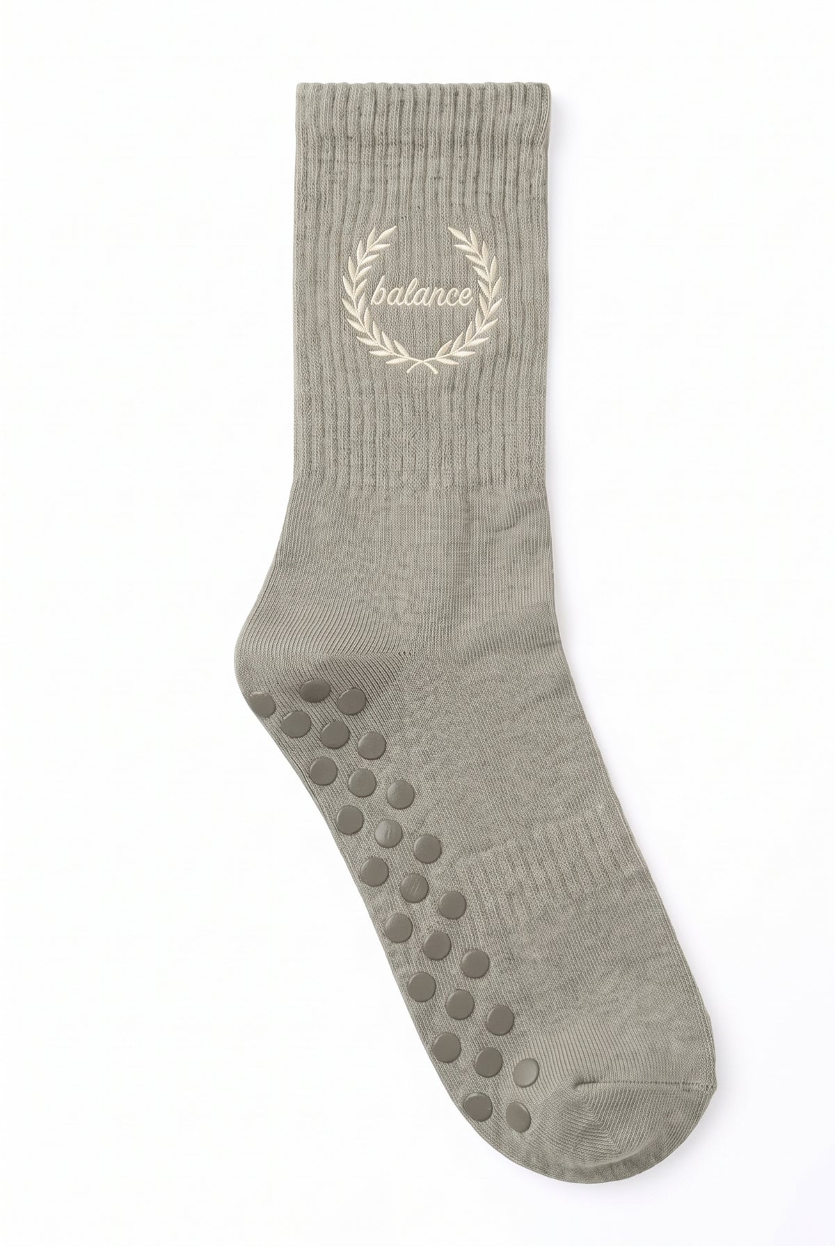 Khaki dot grip pilates socks with custom embroidery on the cuff