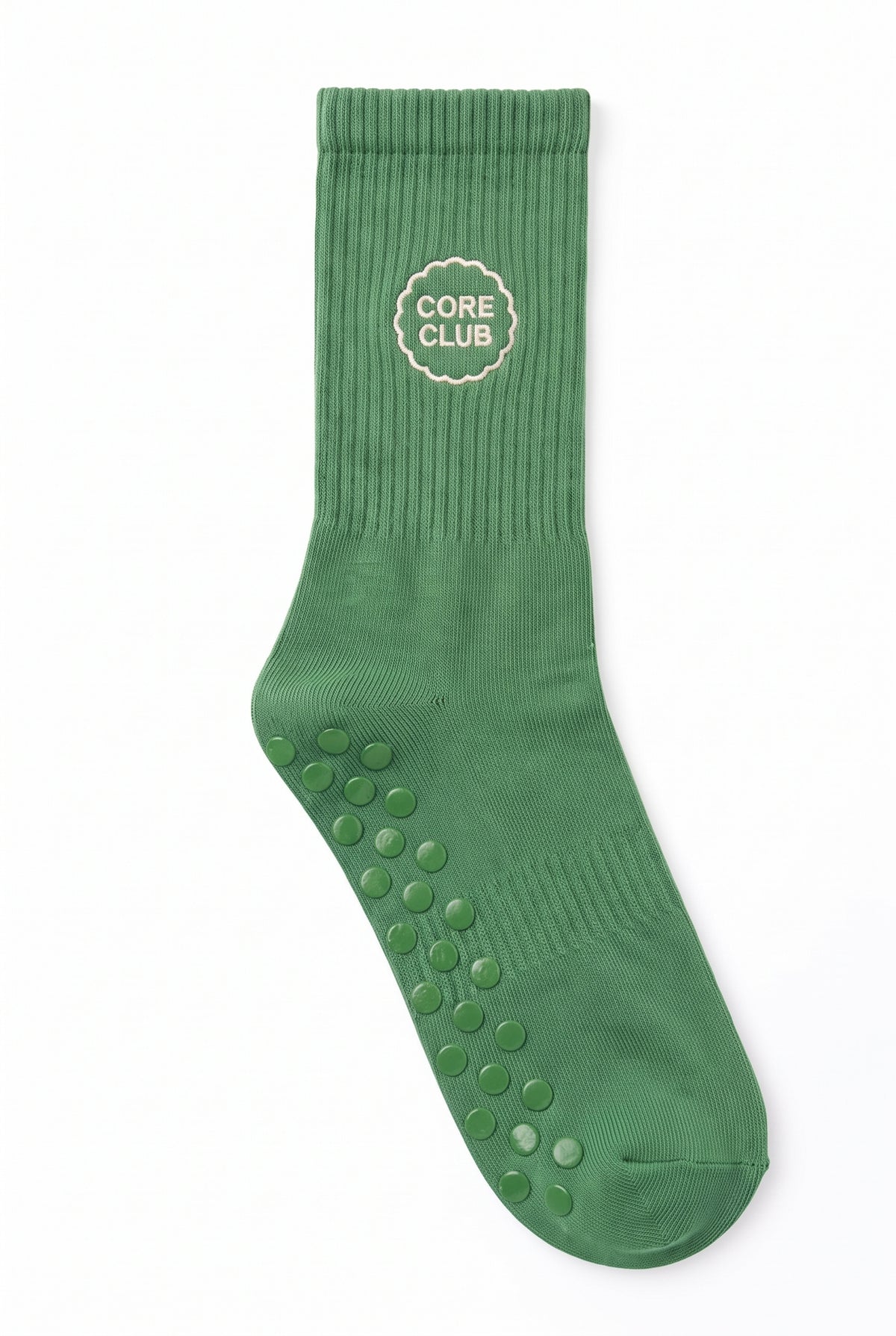 Green dot grip pilates socks with custom embroidery on the cuff