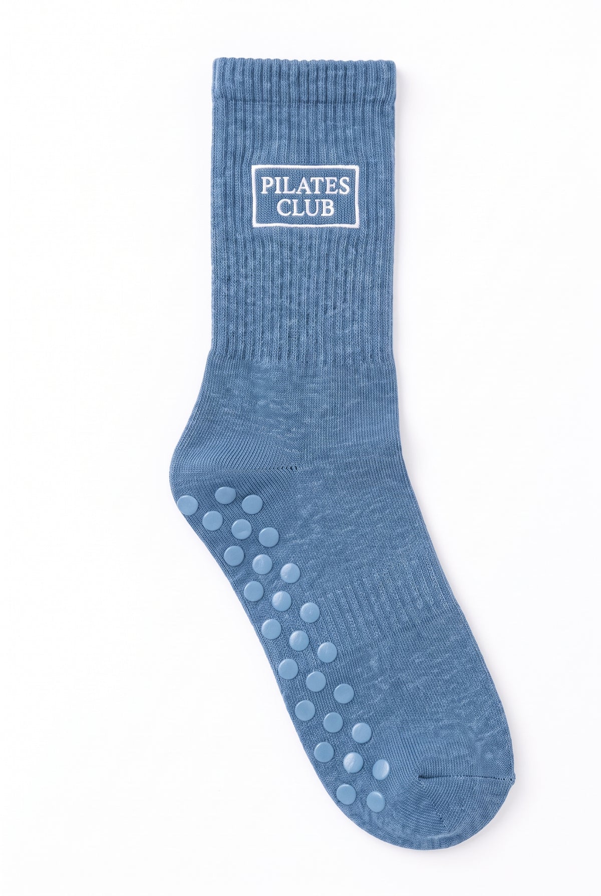 Blue dot grip pilates socks with custom embroidery on the cuff
