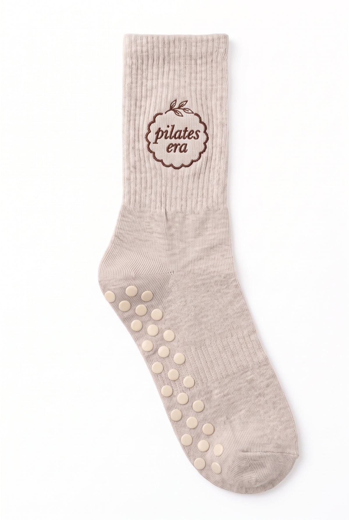 Beige Melange dot grip pilates socks with custom embroidery on the cuff
