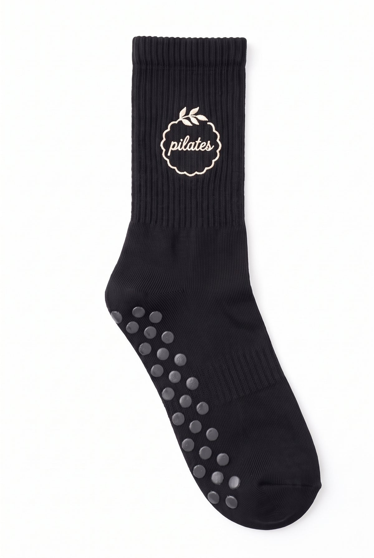 Black dot grip pilates socks with custom embroidery on the cuff