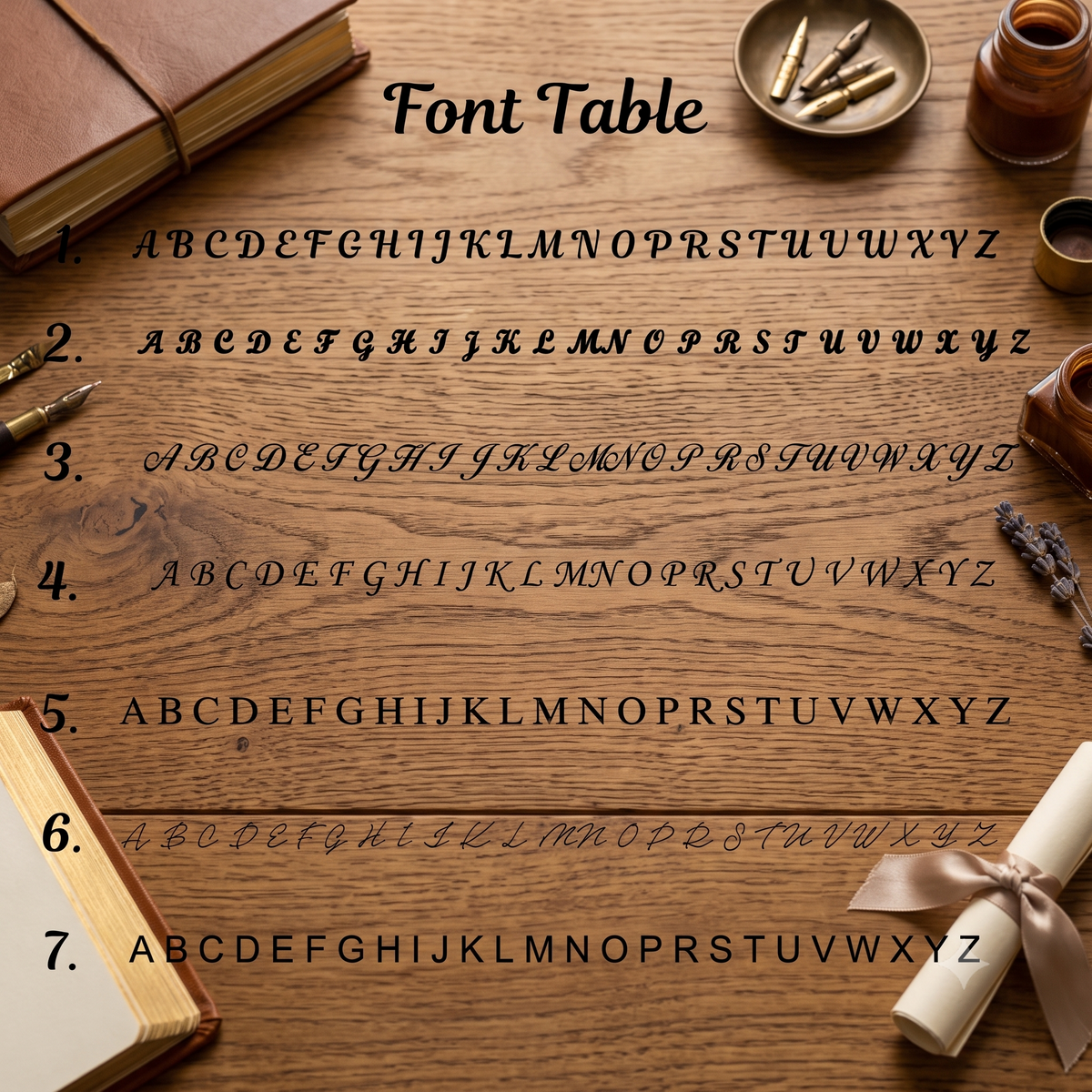Font table for engraved cufflinks — seven lettering styles, numbered 1 to 7 — Eddia Socks