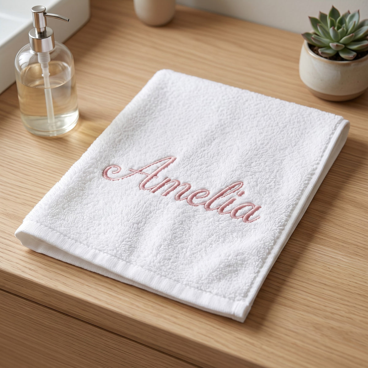 Amelia personalized bamboo hand towel, dusty pink script embroidery on white — photo 3