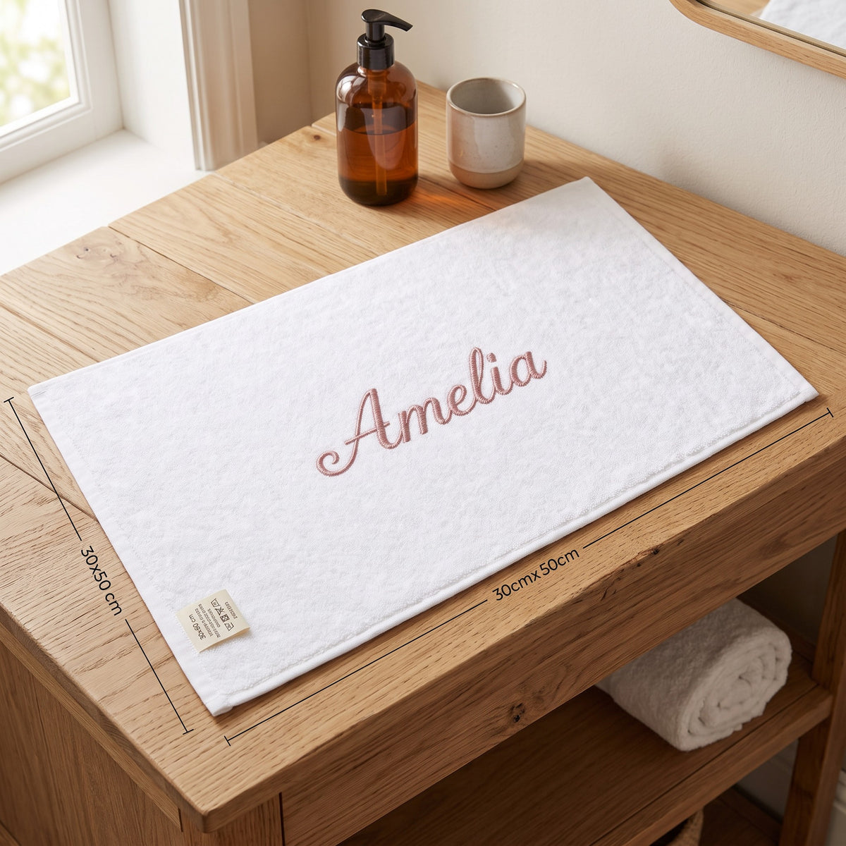 Amelia personalized bamboo hand towel, dusty pink script embroidery on white — photo 4