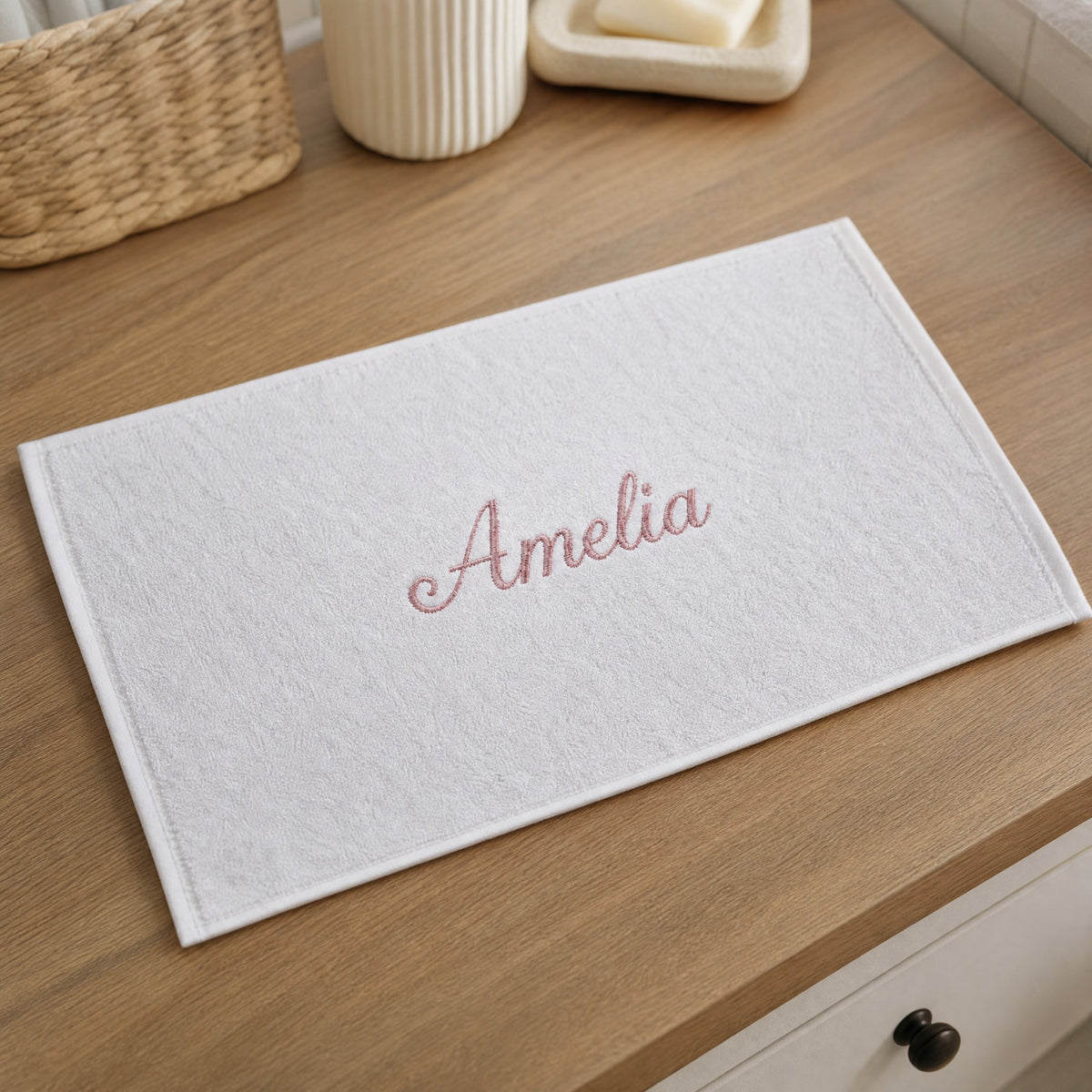 Amelia personalized bamboo hand towel, dusty pink script embroidery on white — photo 5