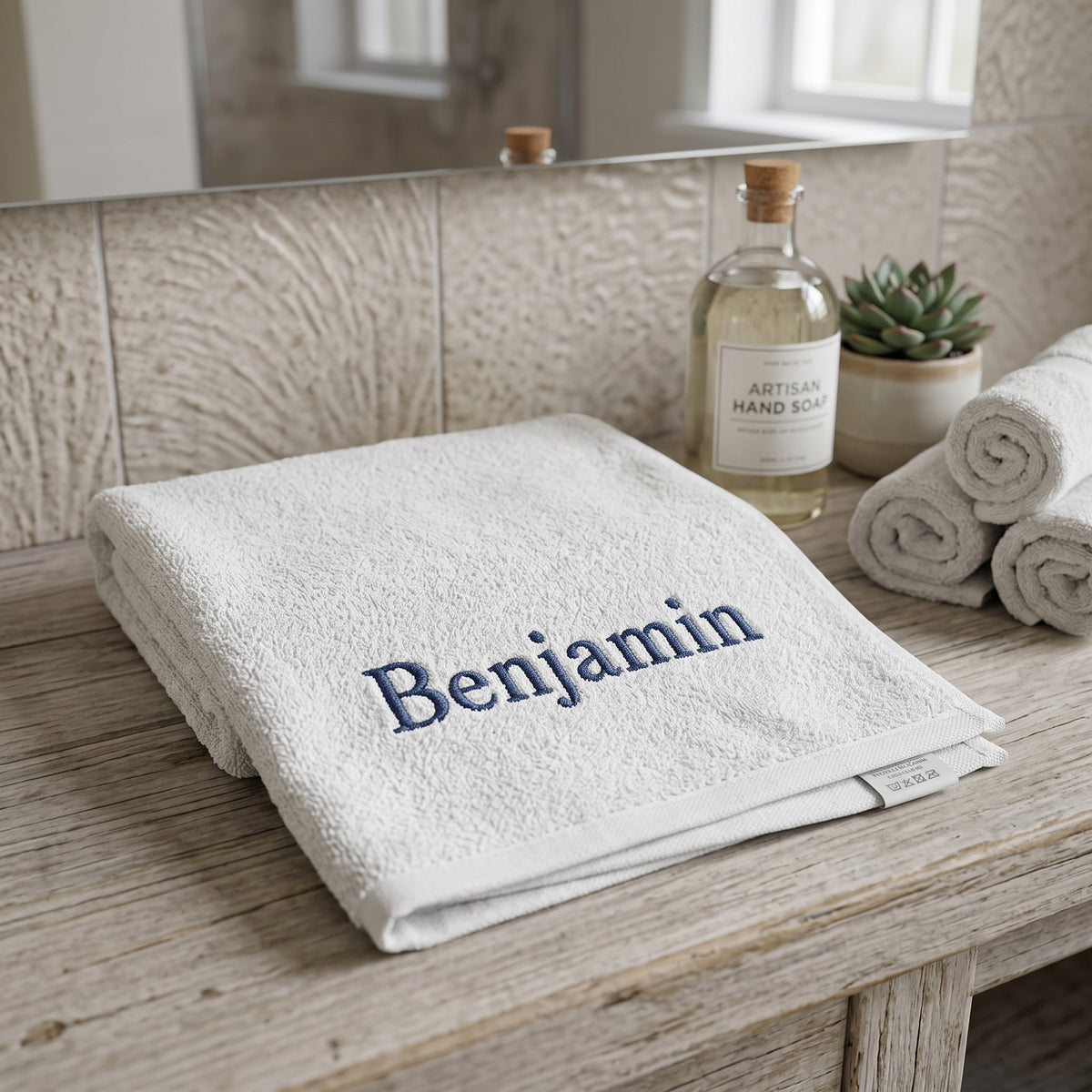 Benjamin personalized bamboo hand towel, navy serif embroidery on light gray — photo 4