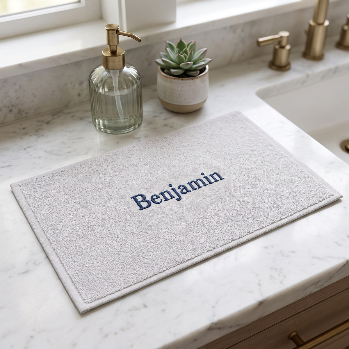 Benjamin personalized bamboo hand towel, navy serif embroidery on light gray — photo 5