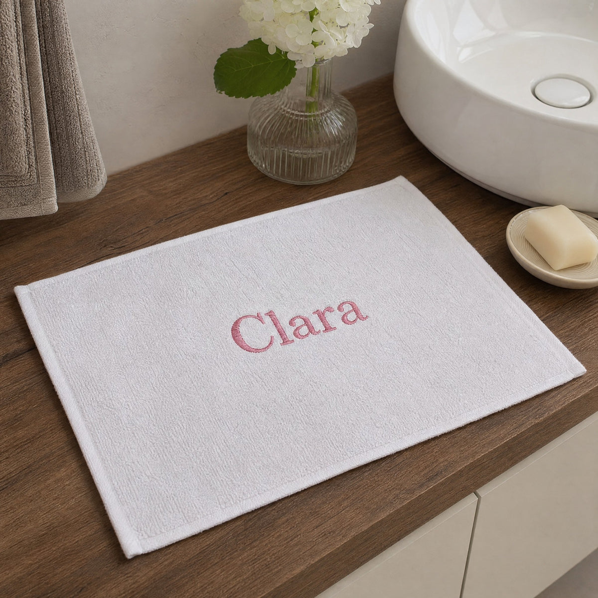 Clara personalized bamboo hand towel, pink serif embroidery on white — photo 3