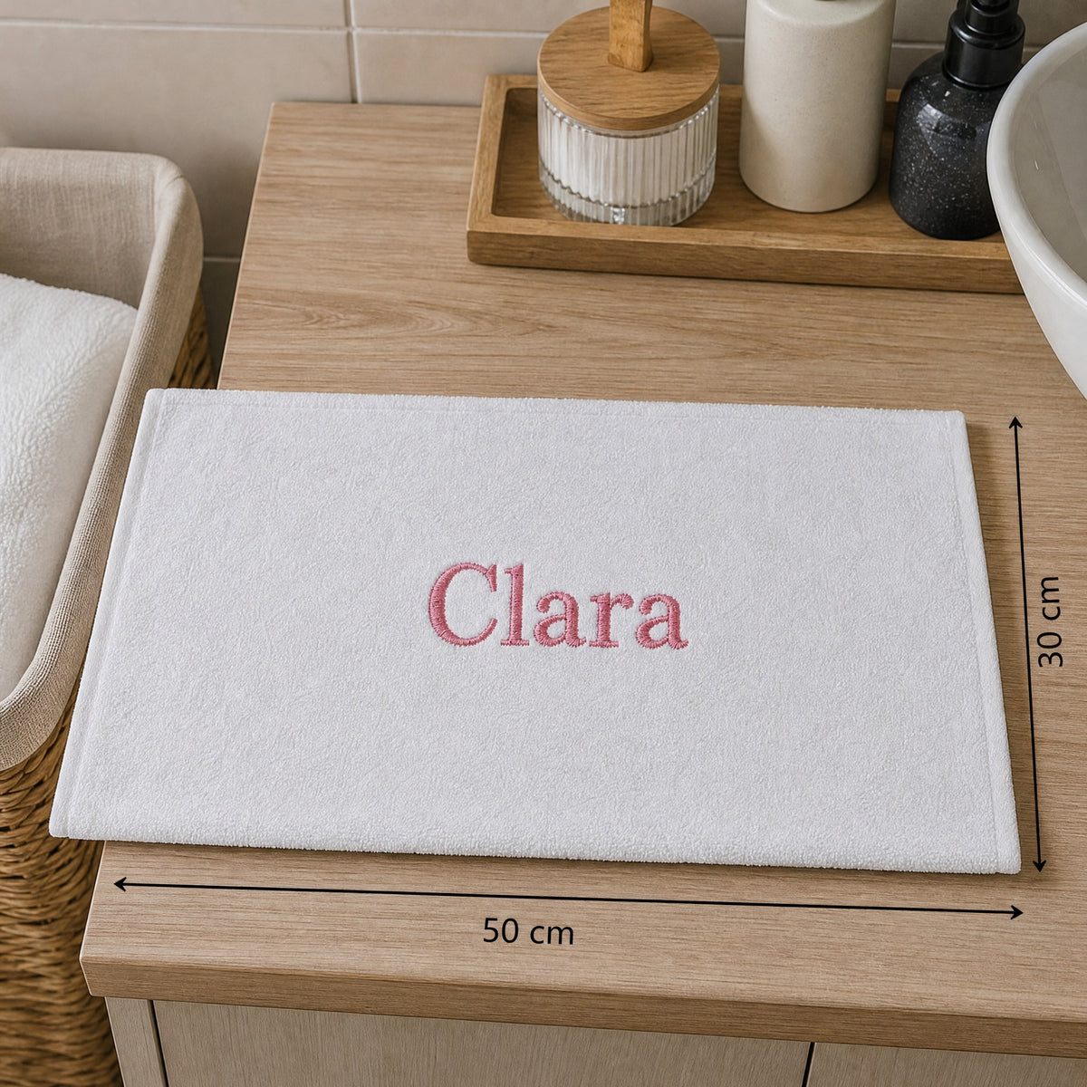 Clara personalized bamboo hand towel, pink serif embroidery on white — photo 5