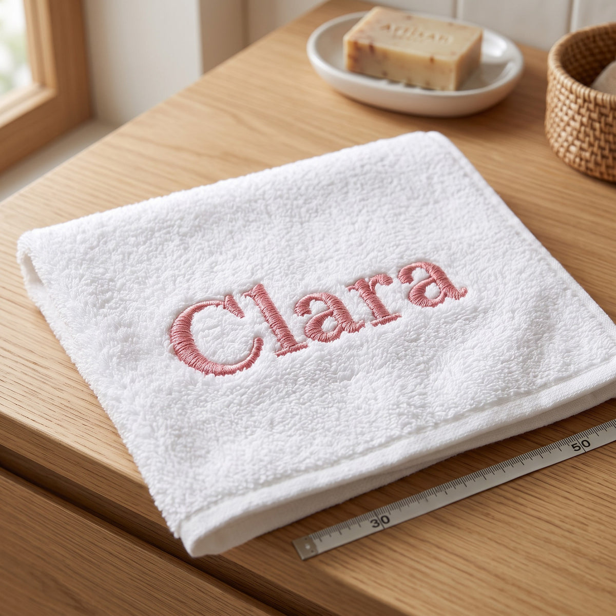 Clara personalized bamboo hand towel, pink serif embroidery on white — photo 6