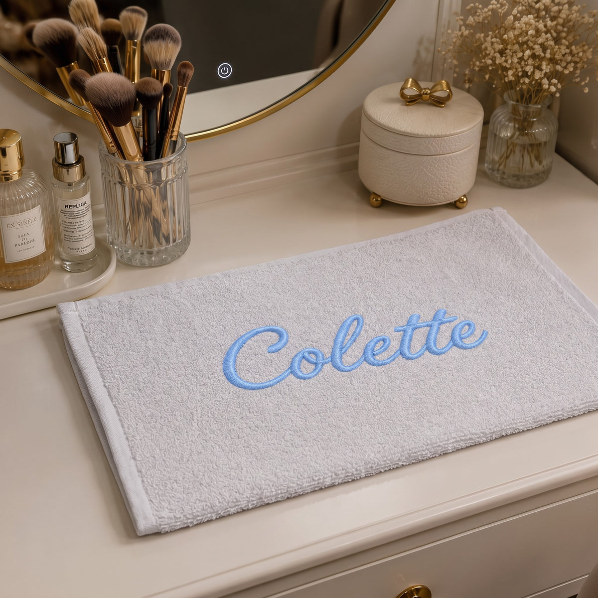 Colette personalized bamboo hand towel, sky blue script embroidery on light gray — photo 6