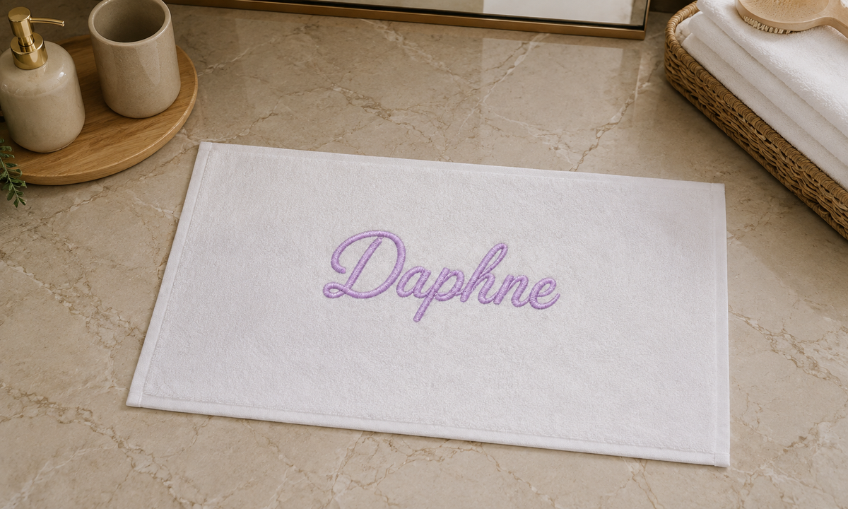 Daphne personalized bamboo hand towel, lavender script embroidery on white — photo 2