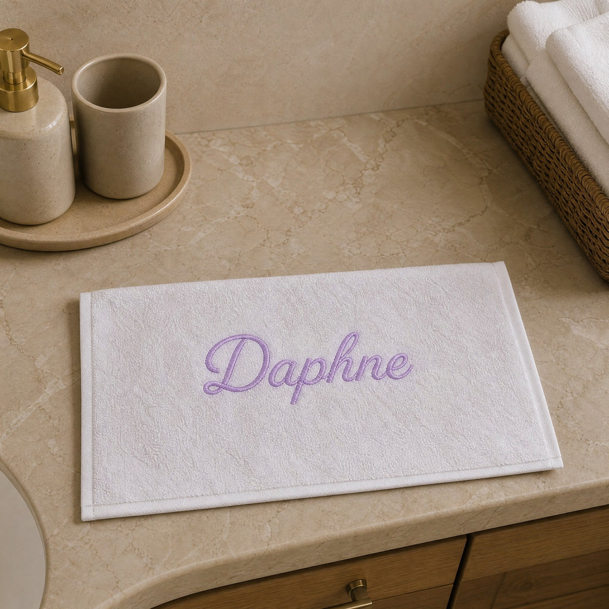 Daphne personalized bamboo hand towel, lavender script embroidery on white — photo 4
