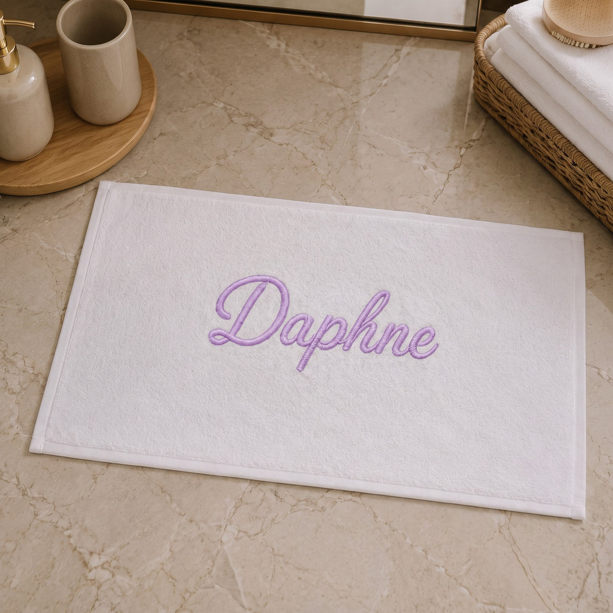 Daphne personalized bamboo hand towel, lavender script embroidery on white — photo 6