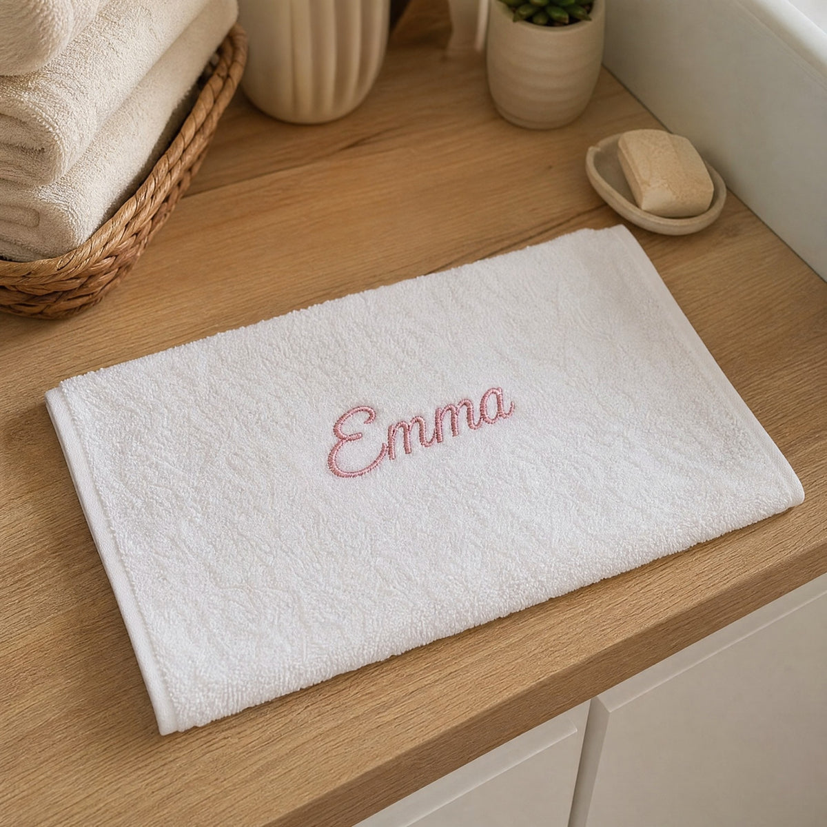 Emma personalized bamboo hand towel, dusty pink script embroidery on white — photo 4