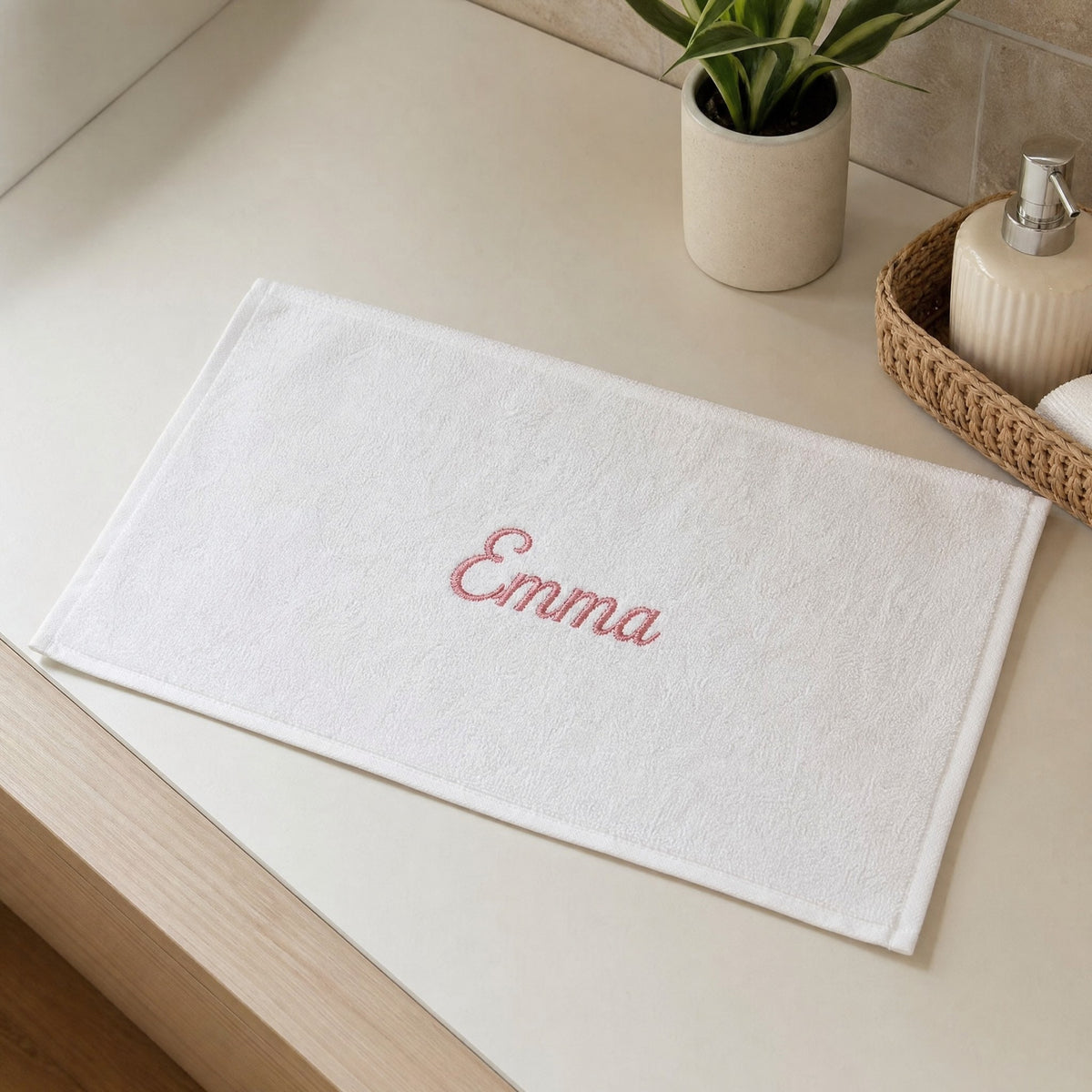 Emma personalized bamboo hand towel, dusty pink script embroidery on white — photo 5