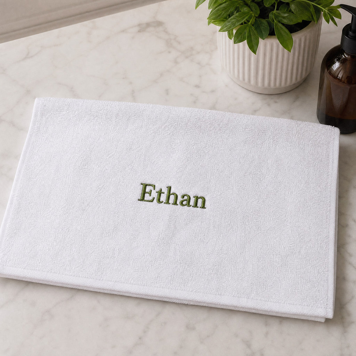 Ethan personalized bamboo hand towel, olive green serif embroidery on white — photo 3