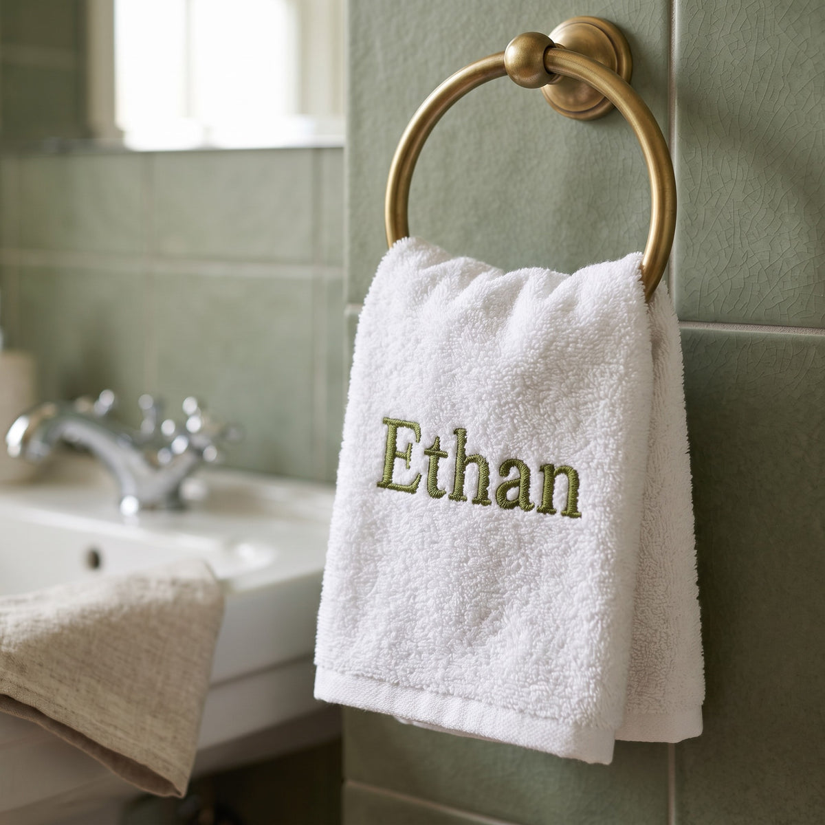 Ethan personalized bamboo hand towel, olive green serif embroidery on white — photo 5