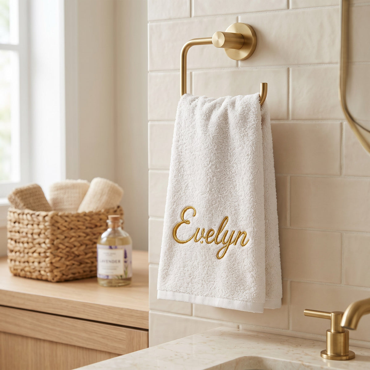 Evelyn personalized bamboo hand towel, gold script embroidery on ivory — photo 4