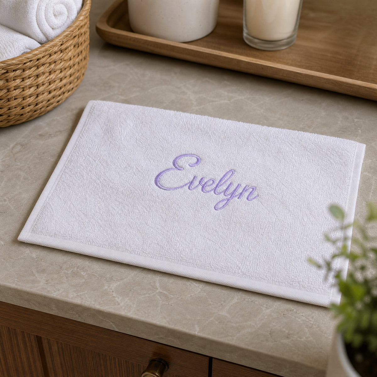 Evelyn personalized bamboo hand towel, lavender script embroidery on white — photo 5