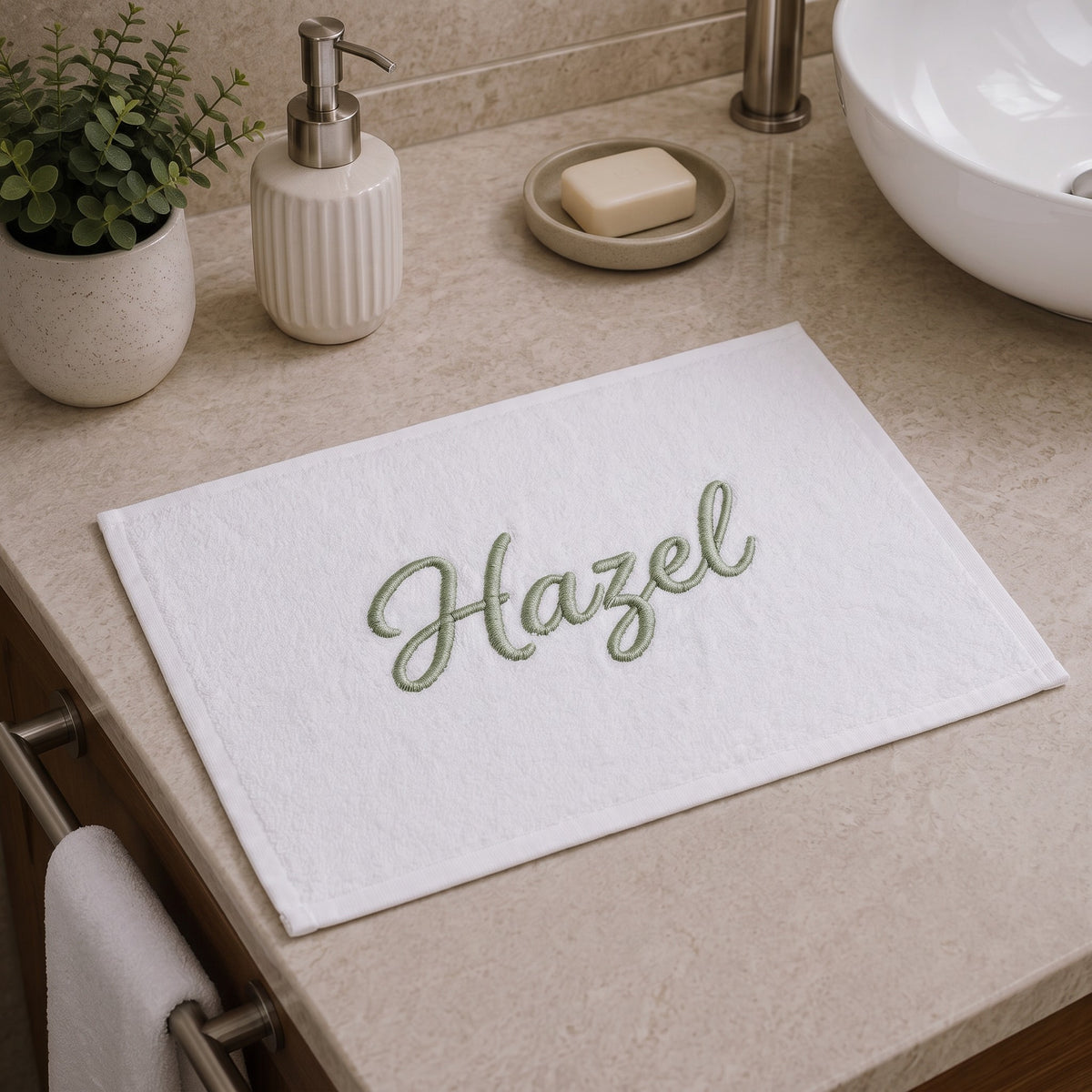 Hazel personalized bamboo hand towel, sage green script embroidery on white — photo 3