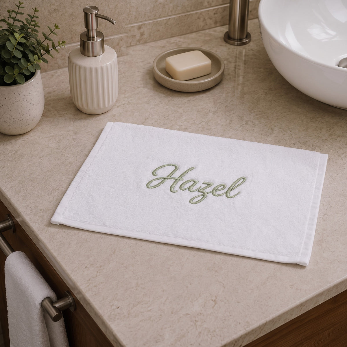 Hazel personalized bamboo hand towel, sage green script embroidery on white — photo 4