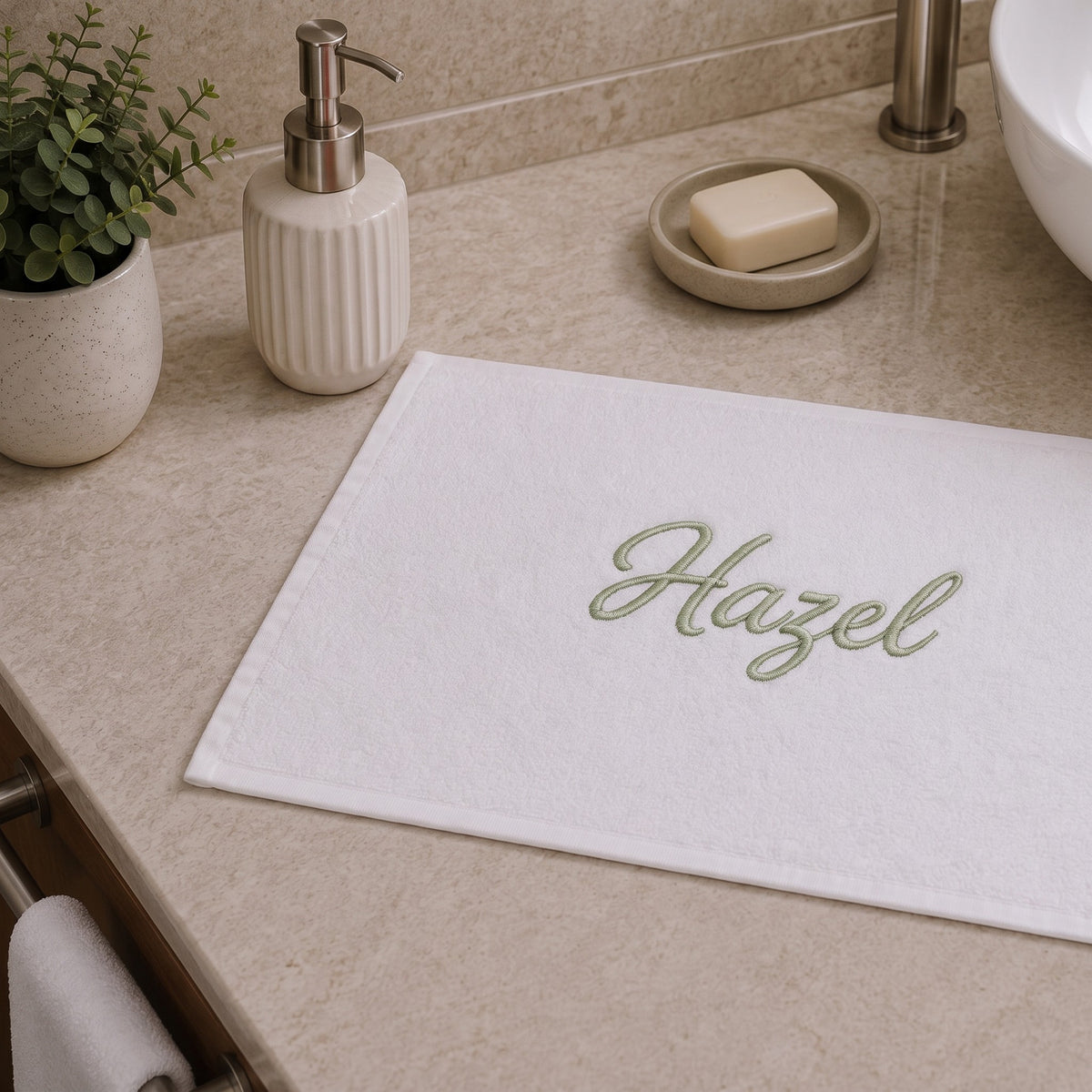 Hazel personalized bamboo hand towel, sage green script embroidery on white — photo 6