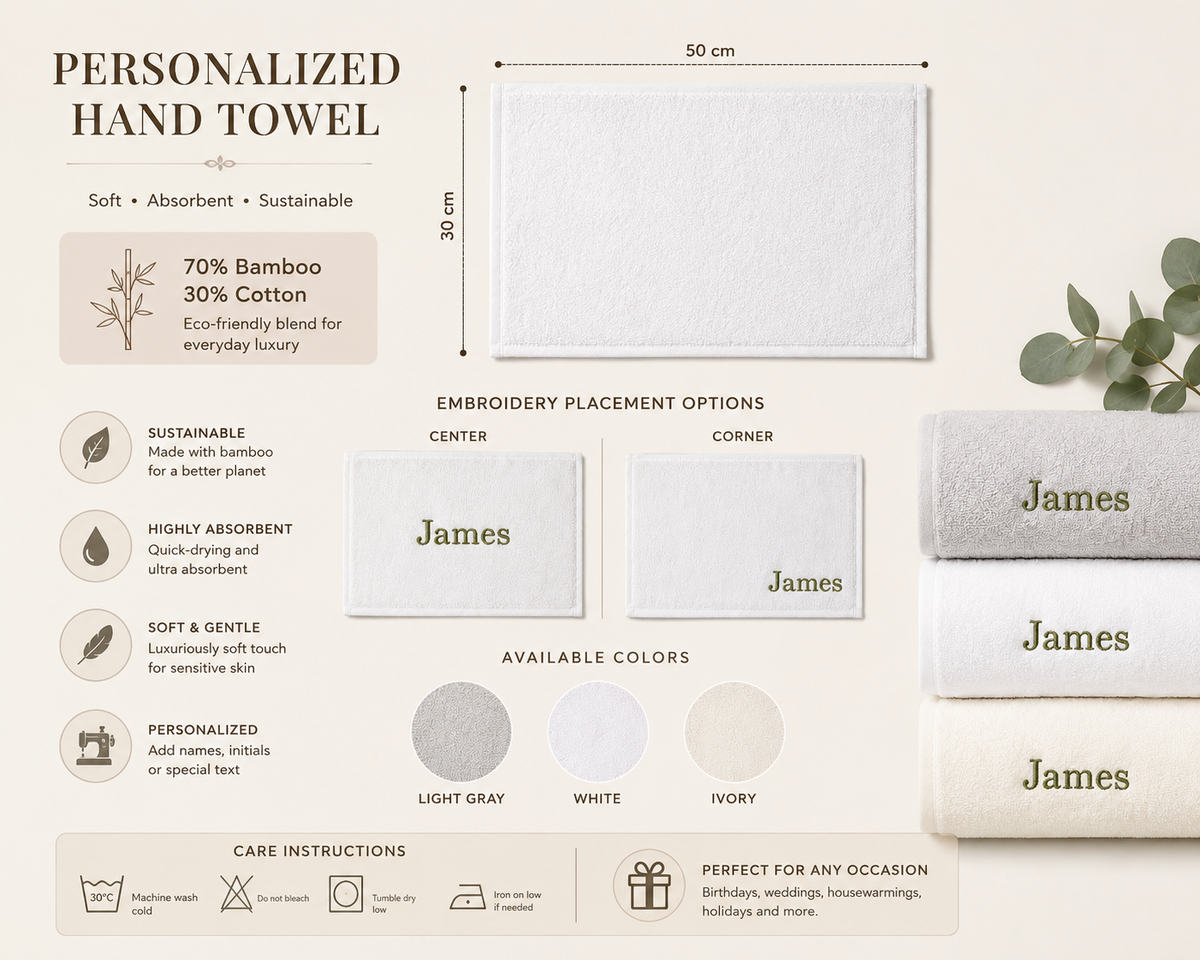 Hand towel embroidery placement options: centre or corner, with care instructions
