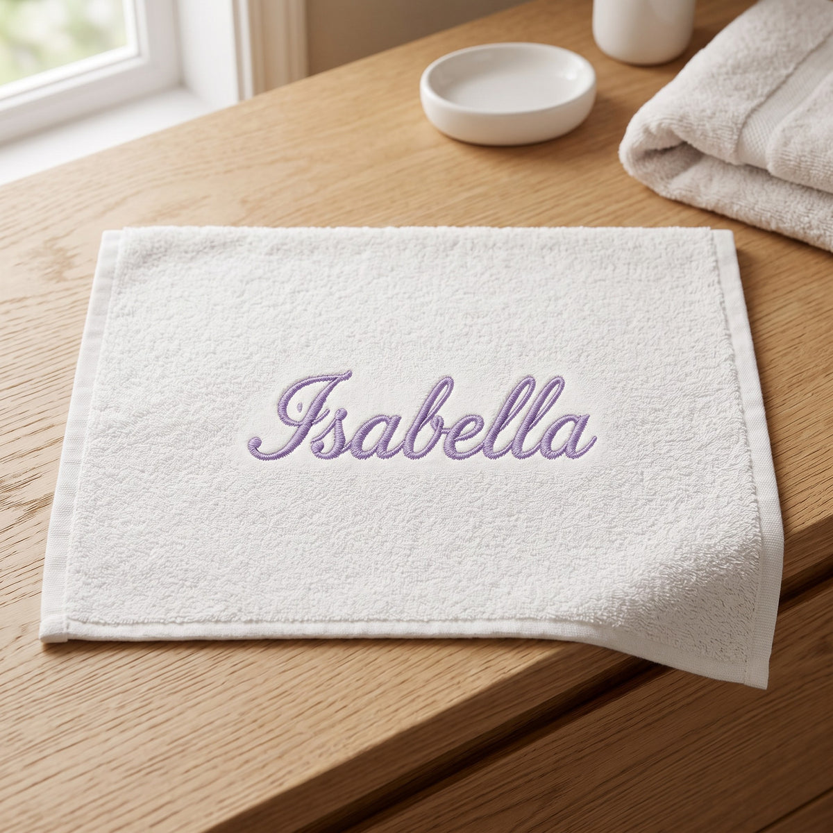 Isabella personalized bamboo hand towel, lavender script embroidery on ivory — photo 2