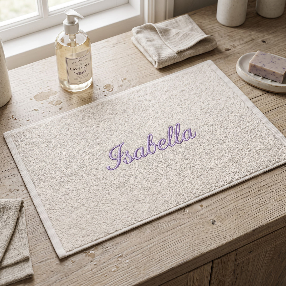 Isabella personalized bamboo hand towel, lavender script embroidery on ivory — photo 3