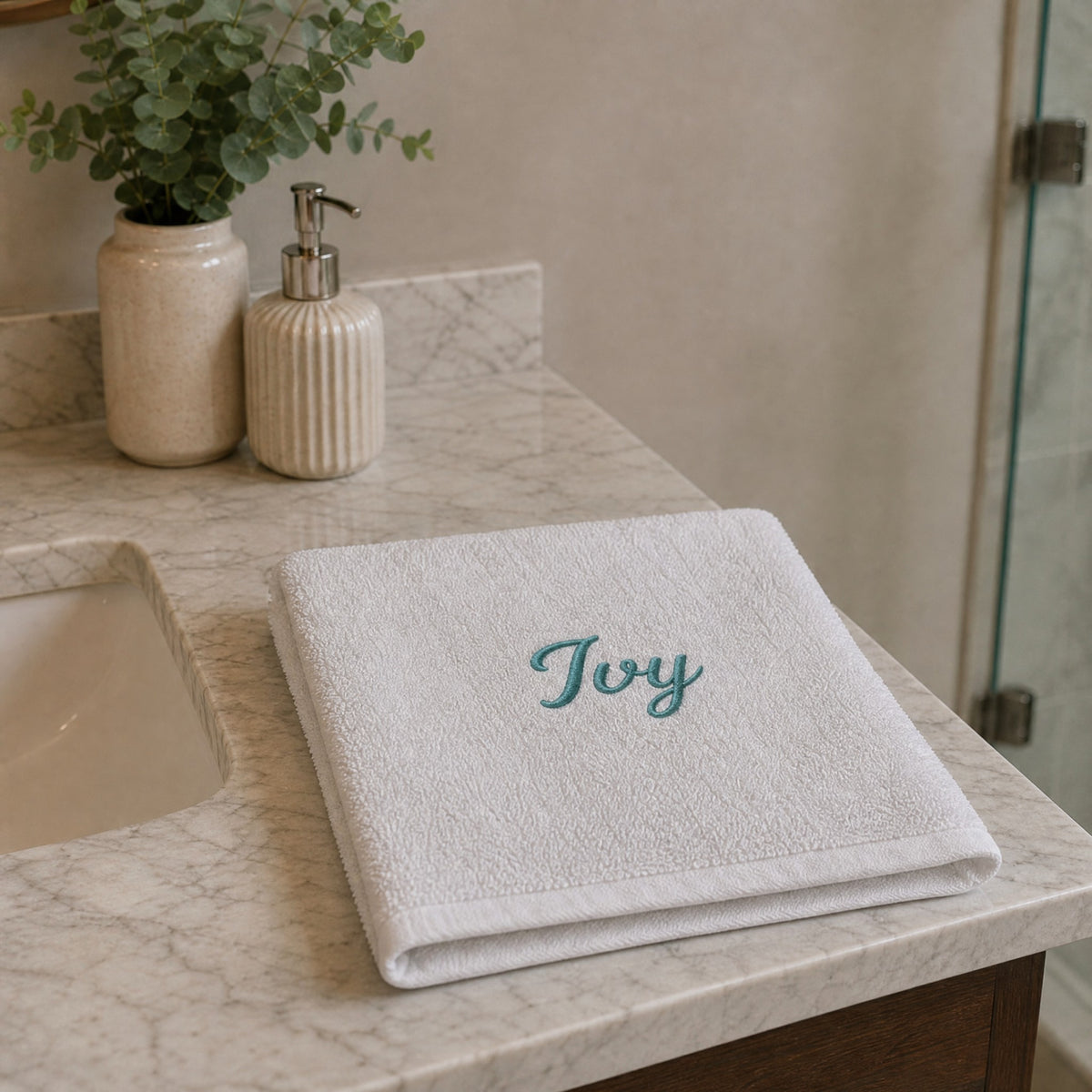 Ivy personalized bamboo hand towel, teal script embroidery on light gray — photo 7