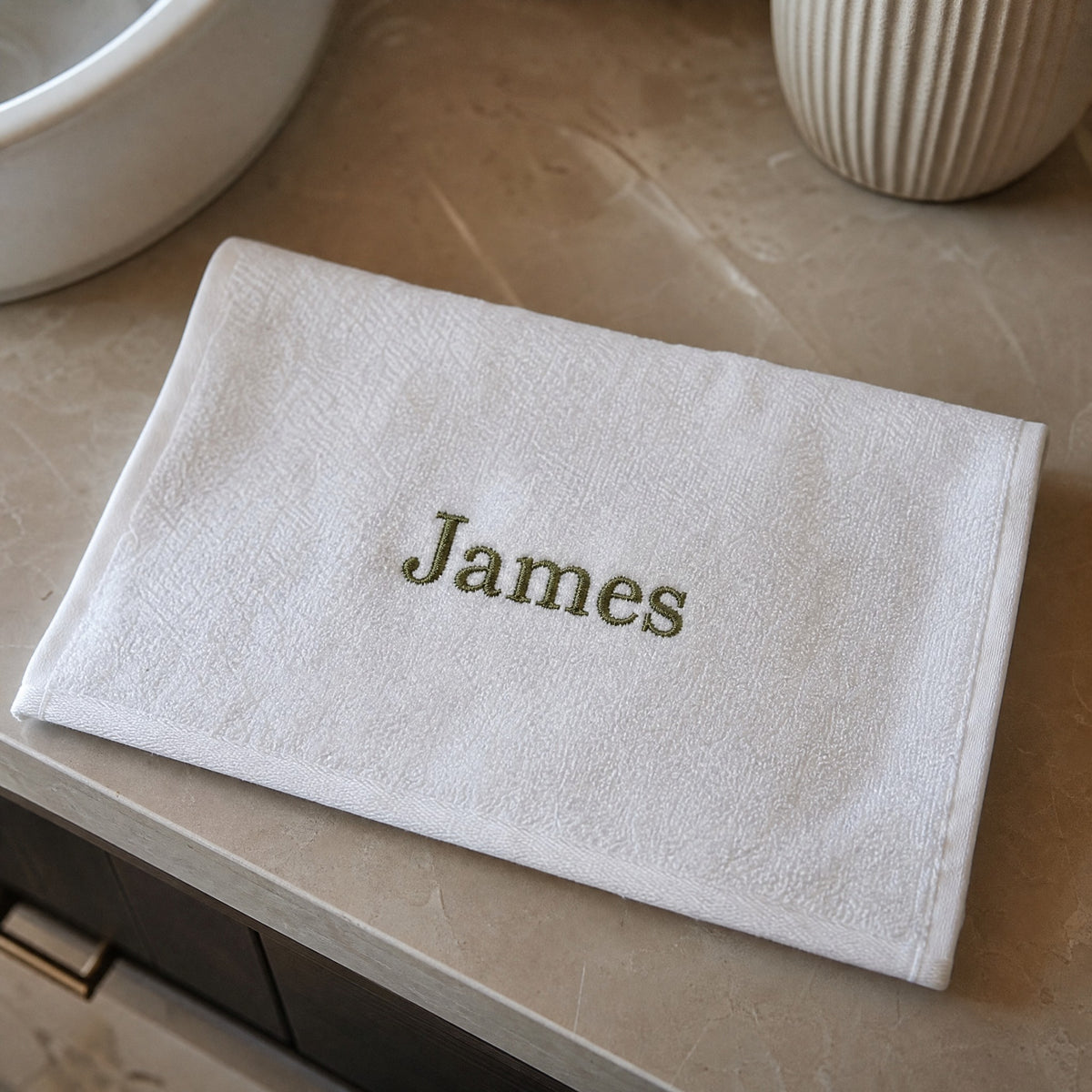 James personalized bamboo hand towel, olive green serif embroidery on white — photo 9