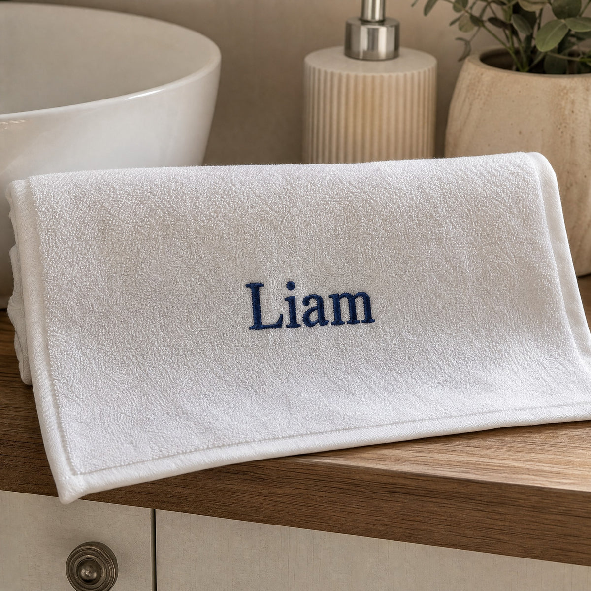 Liam personalized bamboo hand towel, navy serif embroidery on light gray — photo 3