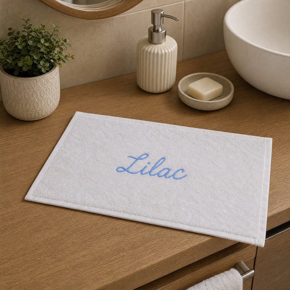 Lilac personalized bamboo hand towel, sky blue script embroidery on white — photo 2