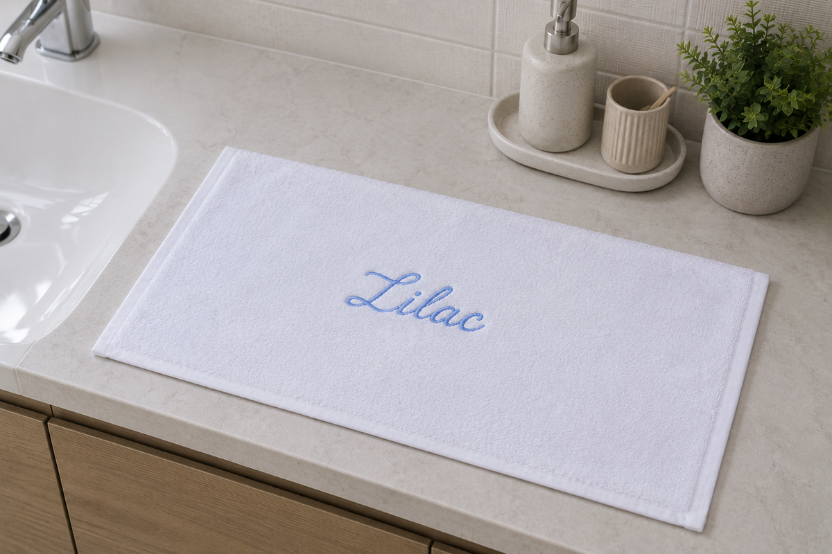 Lilac personalized bamboo hand towel, sky blue script embroidery on white — photo 7