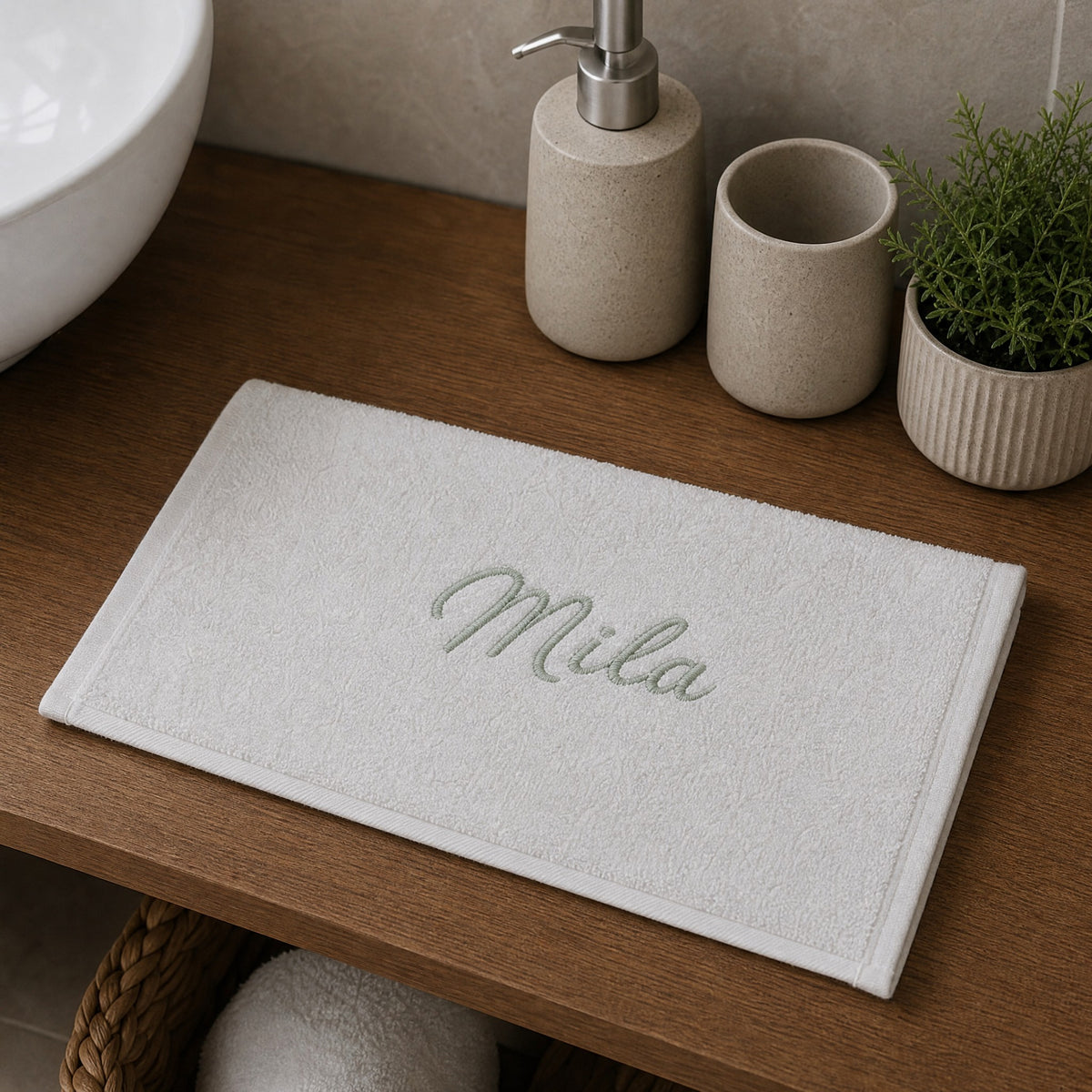 Mila personalized bamboo hand towel, sage green script embroidery on ivory — photo 4