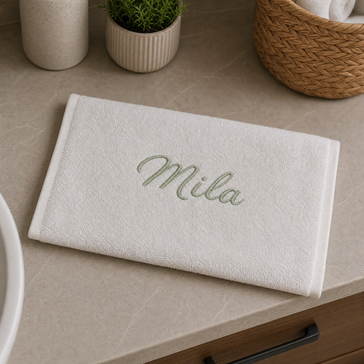 Mila personalized bamboo hand towel, sage green script embroidery on ivory — photo 6