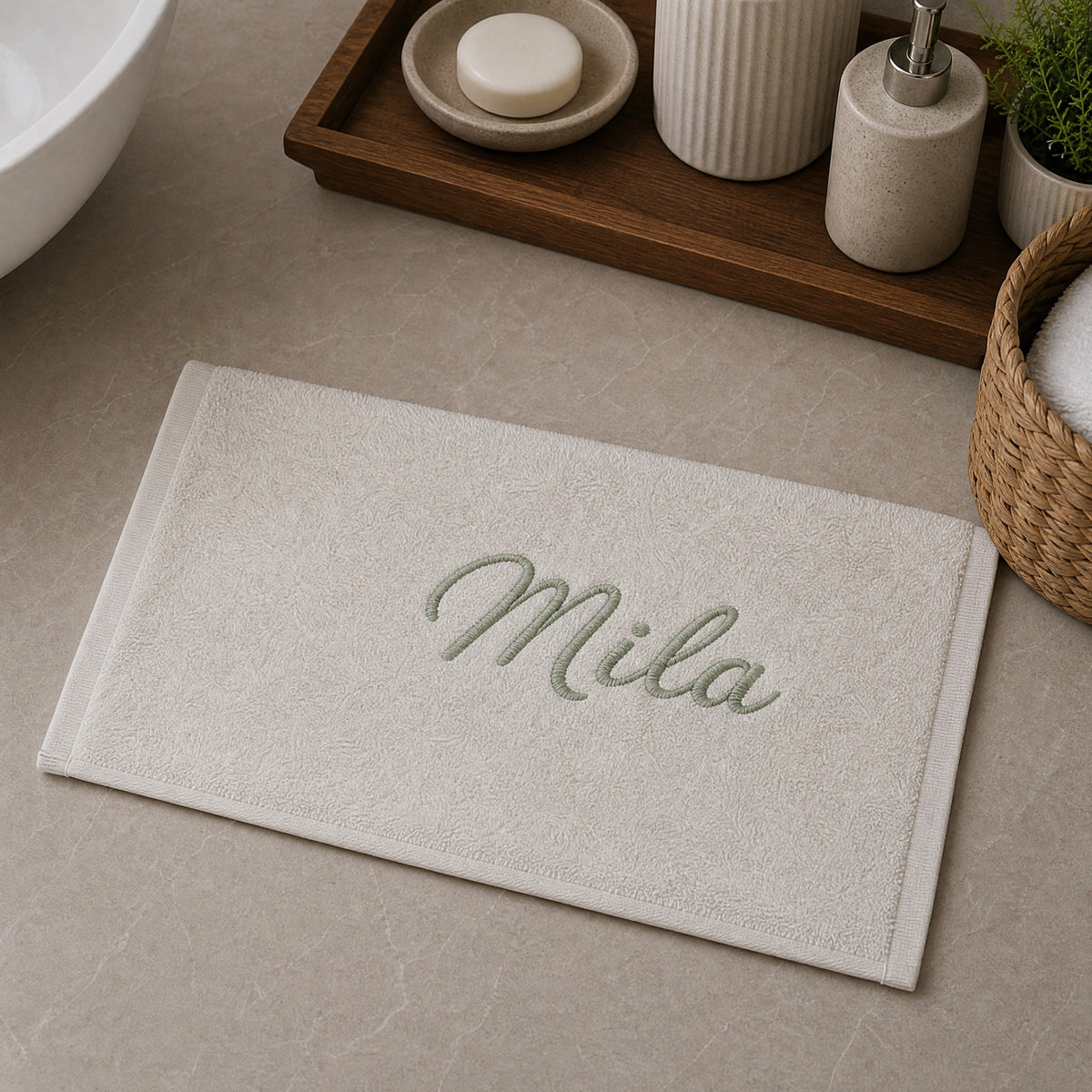 Mila personalized bamboo hand towel, sage green script embroidery on ivory — photo 7