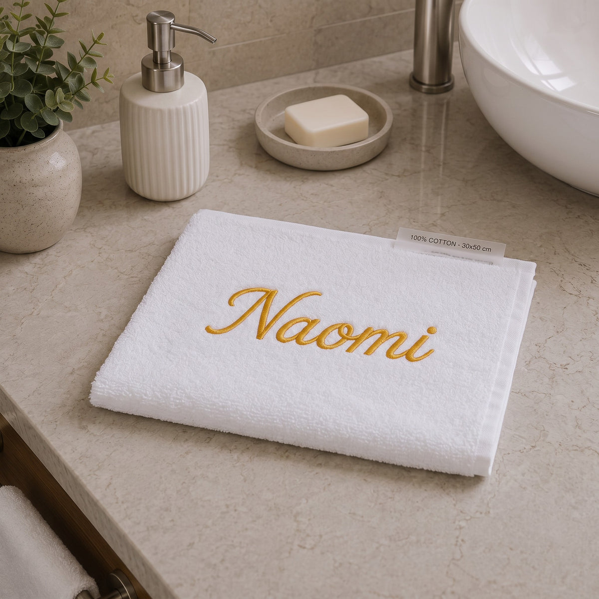 Naomi personalized bamboo hand towel, gold script embroidery on white — photo 4