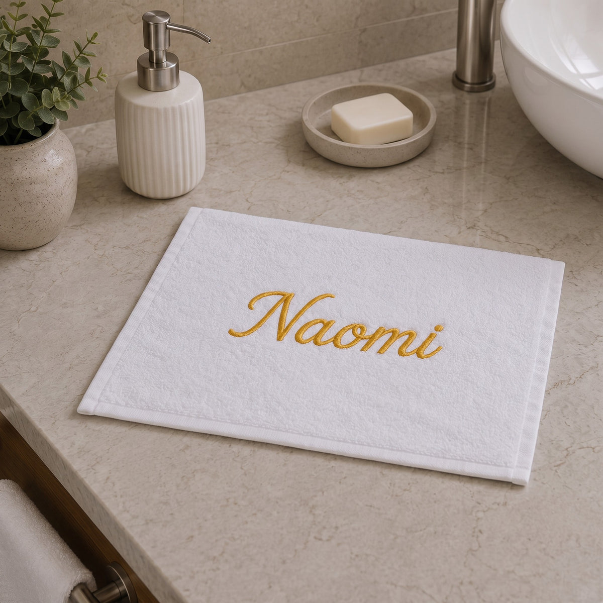 Naomi personalized bamboo hand towel, gold script embroidery on white — photo 5