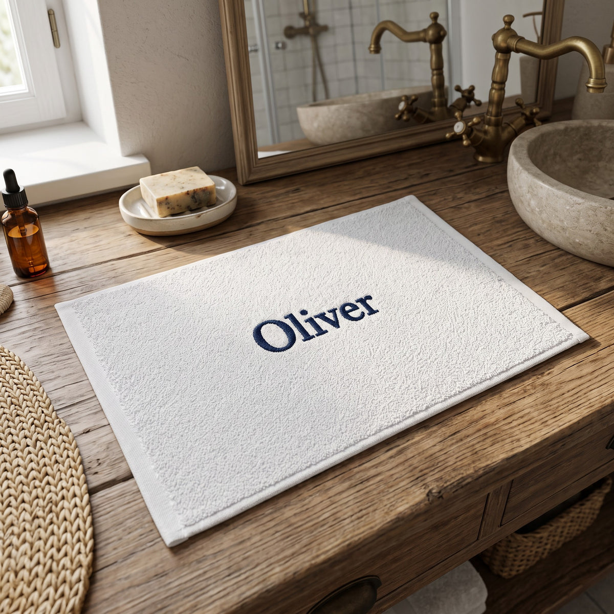Oliver personalized bamboo hand towel, navy serif embroidery on light gray — photo 3