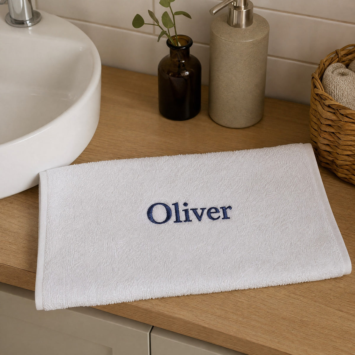 Oliver personalized bamboo hand towel, navy serif embroidery on light gray — photo 5